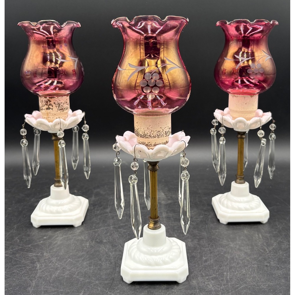 Vintage Cranberry Etched Glass Milk Glass Hurricane Candle Holders Set of 3